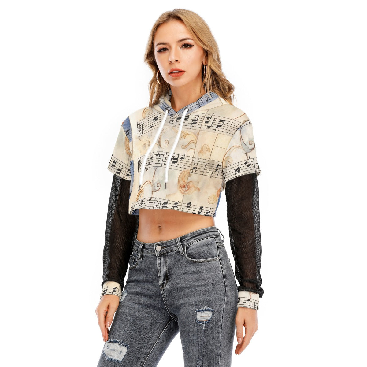 All-Over Print Women's Fake Two-piece Mesh Sleeve Cropped Hoodie