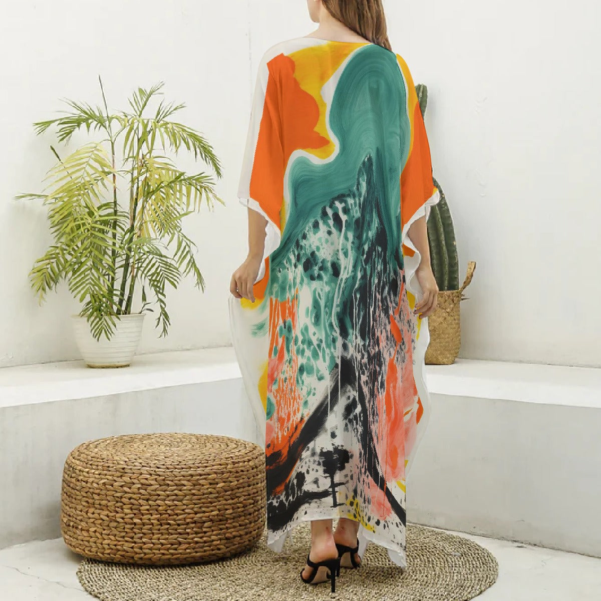 All-Over Print Women's Imitation Silk V-neck Kaftan Robe