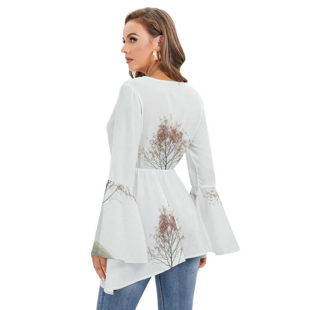 All-Over Print Women's V-neck Blouse With Flared Sleeves