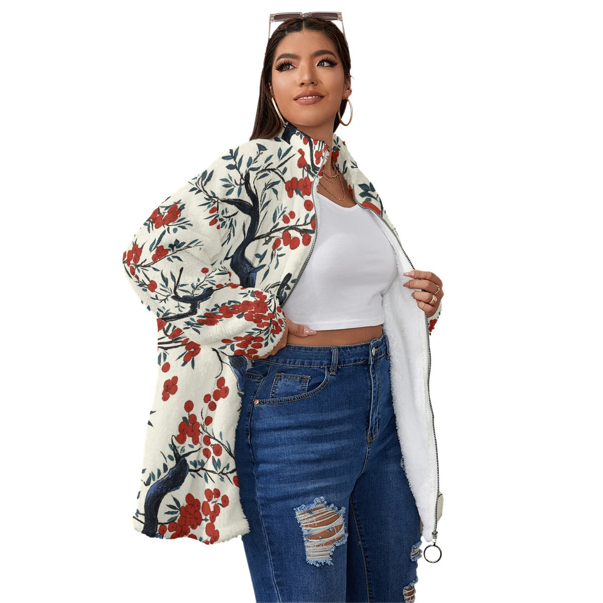 All-Over Print Unisex Borg Fleece Stand-up Collar Coat With Zipper Closure(Plus Size)