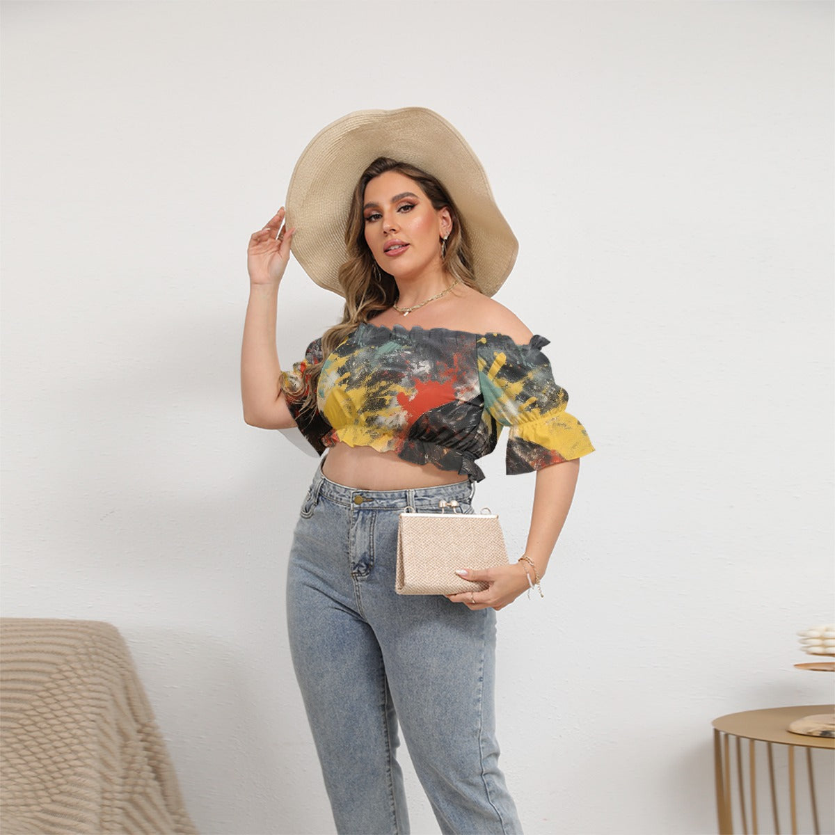 All-Over Print Women's Off-shoulder Cropped Top With Short Puff Sleeve