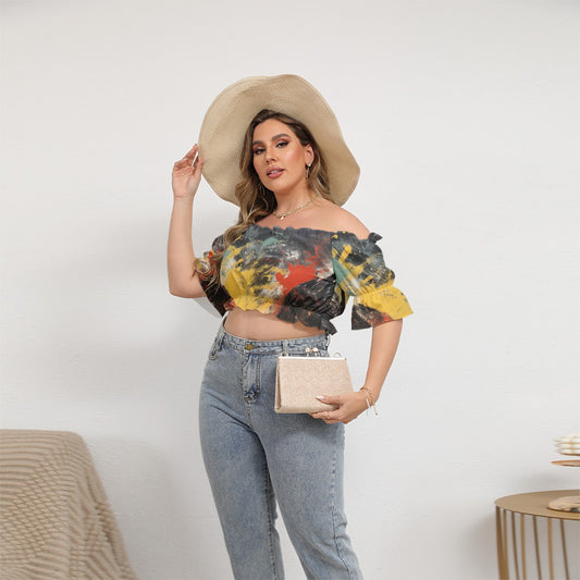 All-Over Print Women's Off-shoulder Cropped Top With Short Puff Sleeve
