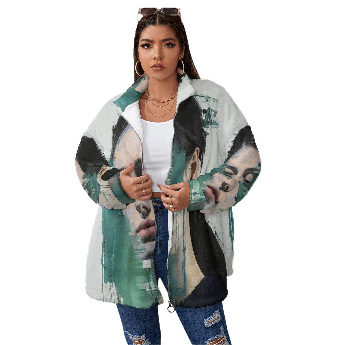 All-Over Print Unisex Borg Fleece Stand-up Collar Coat With Zipper Closure(Plus Size)