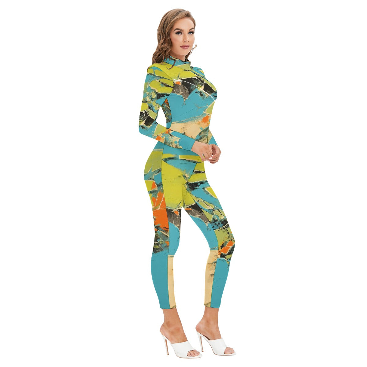 All-Over Print Women's Long-sleeved High-neck Jumpsuit With Zipper