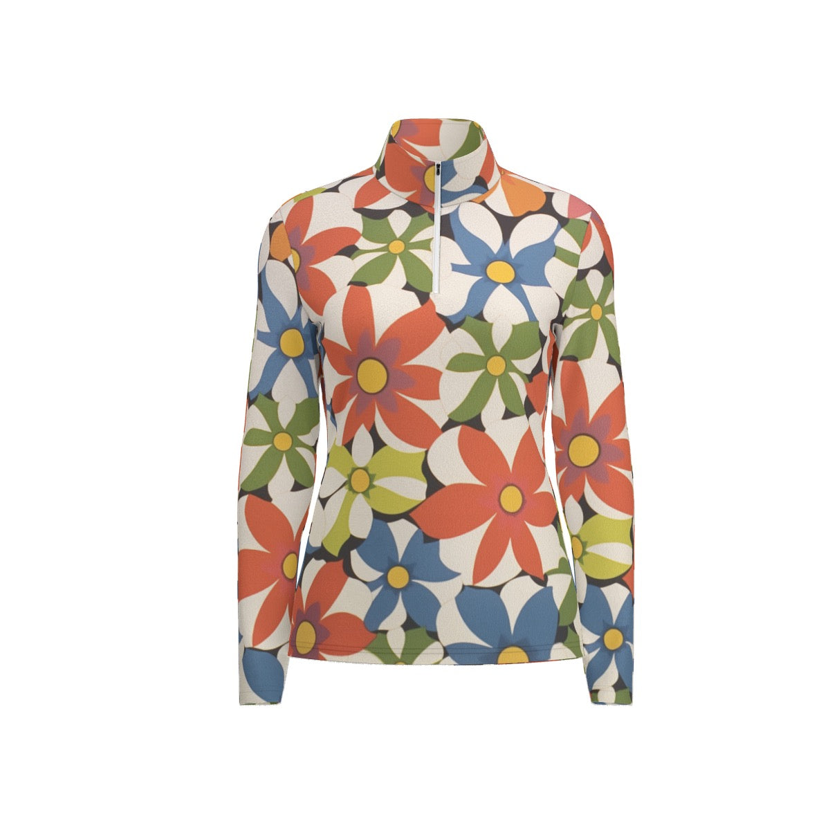 All-Over Print Women's Sports Collar Jersey With Long Sleeve