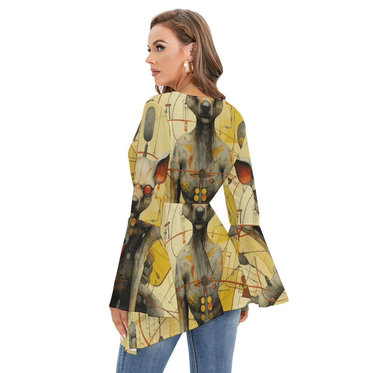 All-Over Print Women's V-neck Blouse With Flared Sleeves