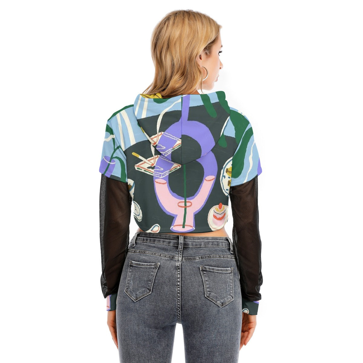 All-Over Print Women's Fake Two-piece Mesh Sleeve Cropped Hoodie