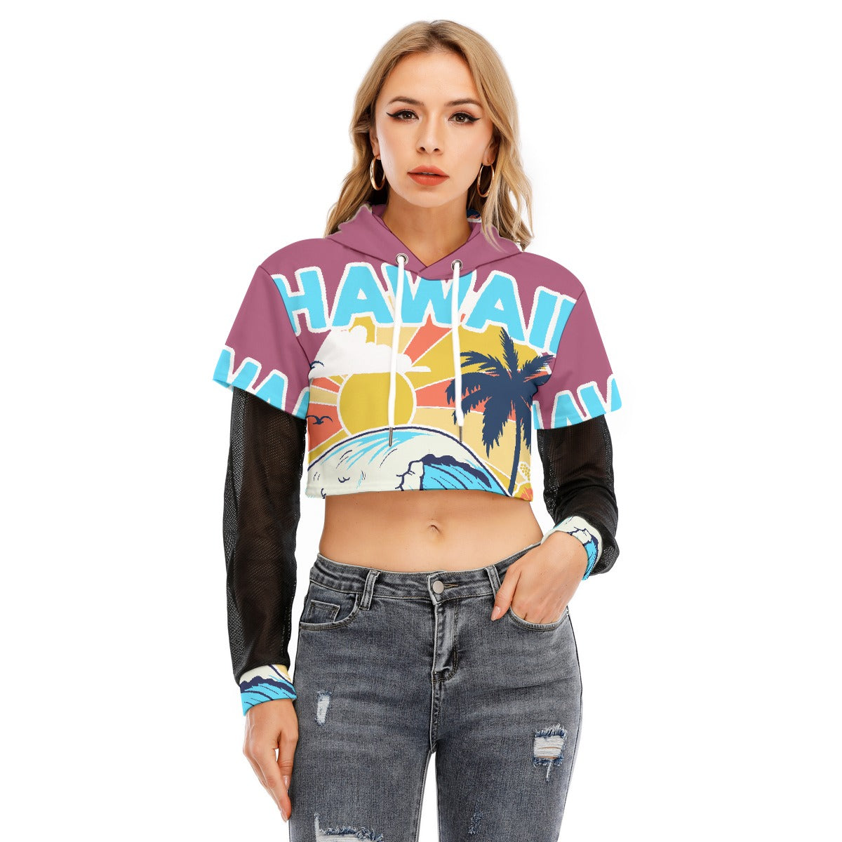 All-Over Print Women's Fake Two-piece Mesh Sleeve Cropped Hoodie