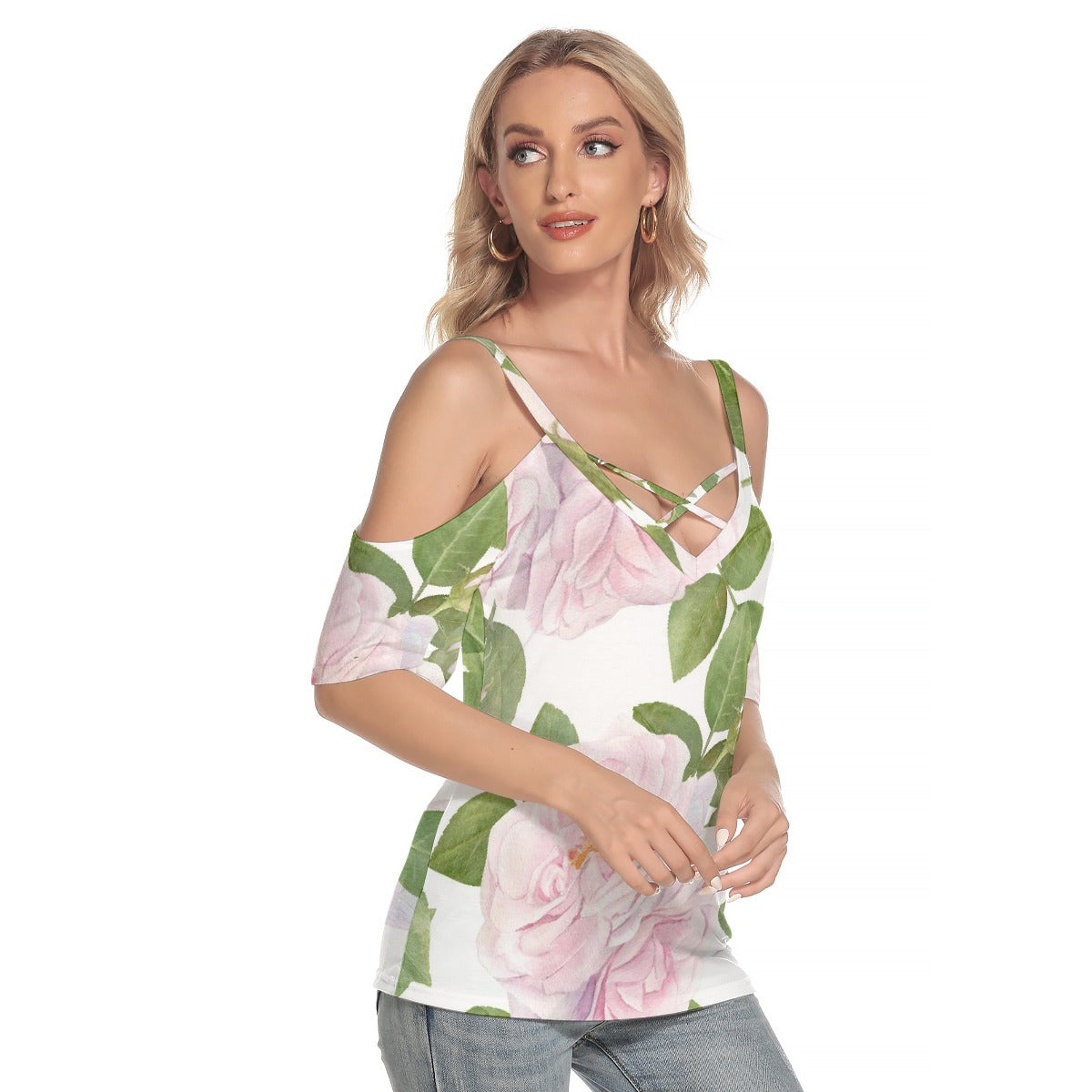 All-Over Print Women's Cold Shoulder T-shirt With Criss Cross Strips