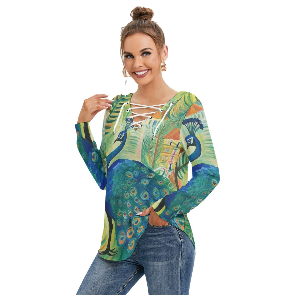 All-Over Print Women's Long Sleeve Neckline Tie Sweatshirt