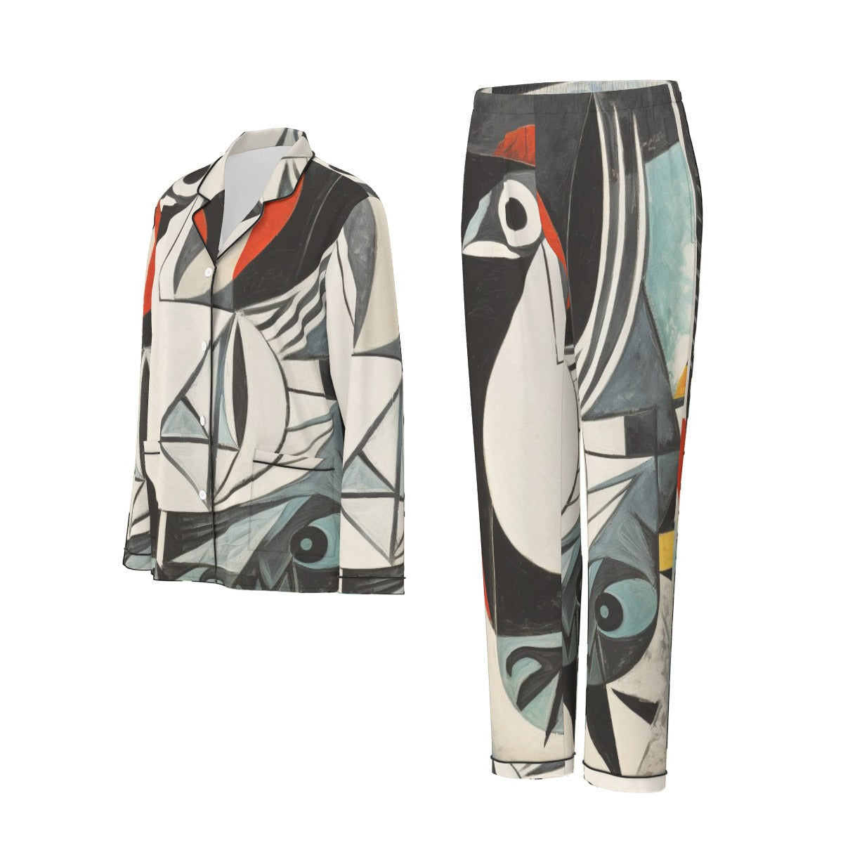 All-Over Print Women's Long Sleeve Pajama Set With Black Contrast Piping