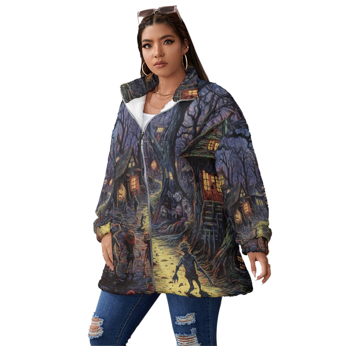 All-Over Print Unisex Borg Fleece Stand-up Collar Coat With Zipper Closure(Plus Size)