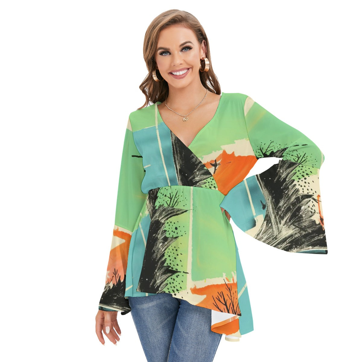 All-Over Print Women's V-neck Blouse With Flared Sleeves