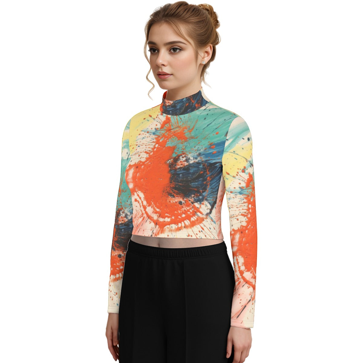 Eco-Friendly All-Over Print Women's Turtleneck T-shirt With Long Sleeve