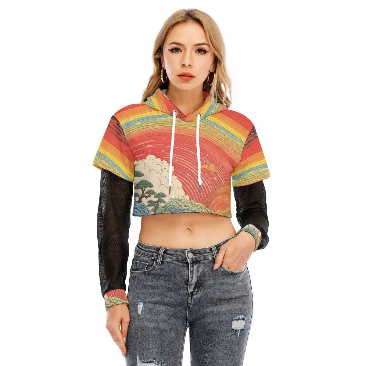 All-Over Print Women's Fake Two-piece Mesh Sleeve Cropped Hoodie