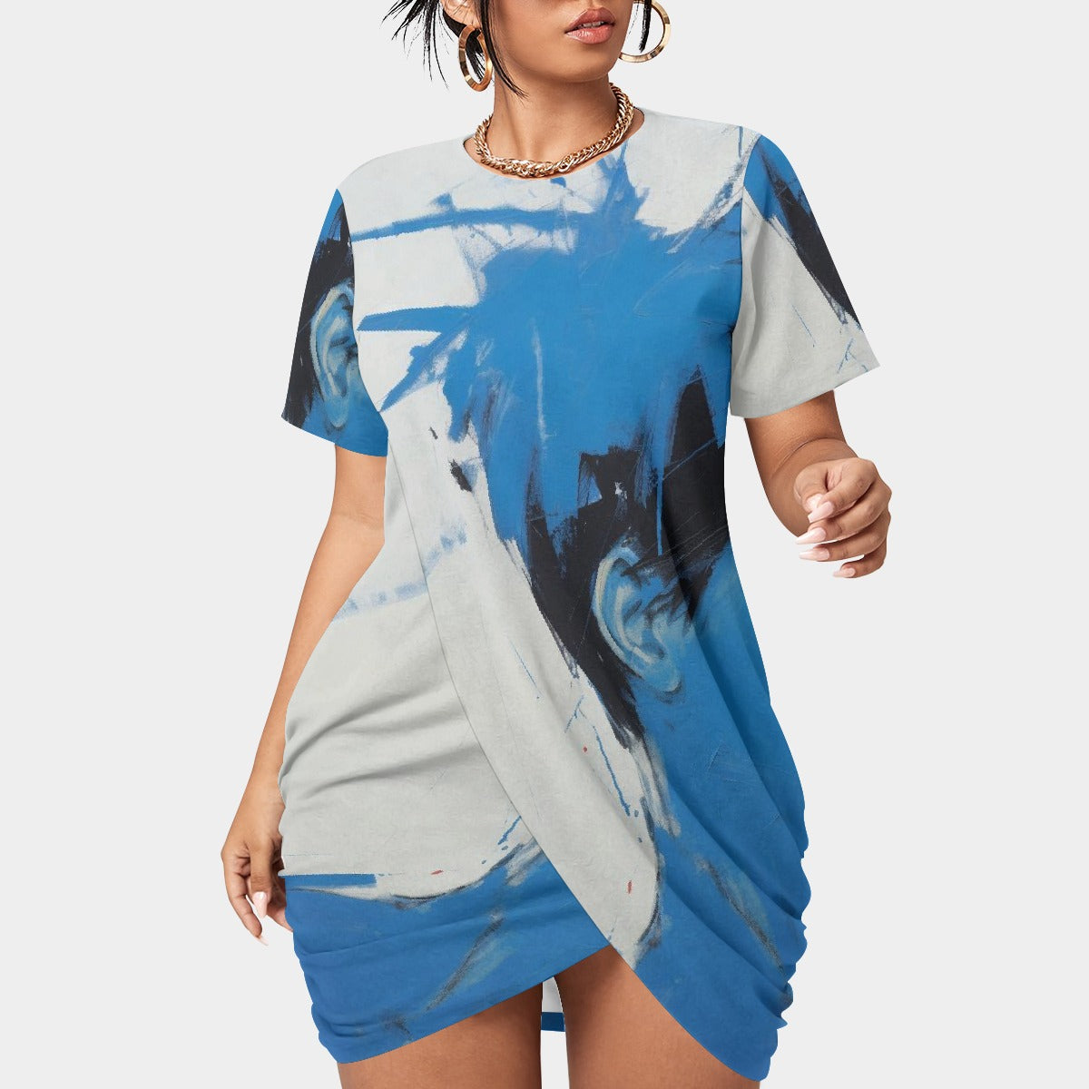 All-Over Print Women’s Stacked Hem Dress With Short Sleeve（Plus Size）