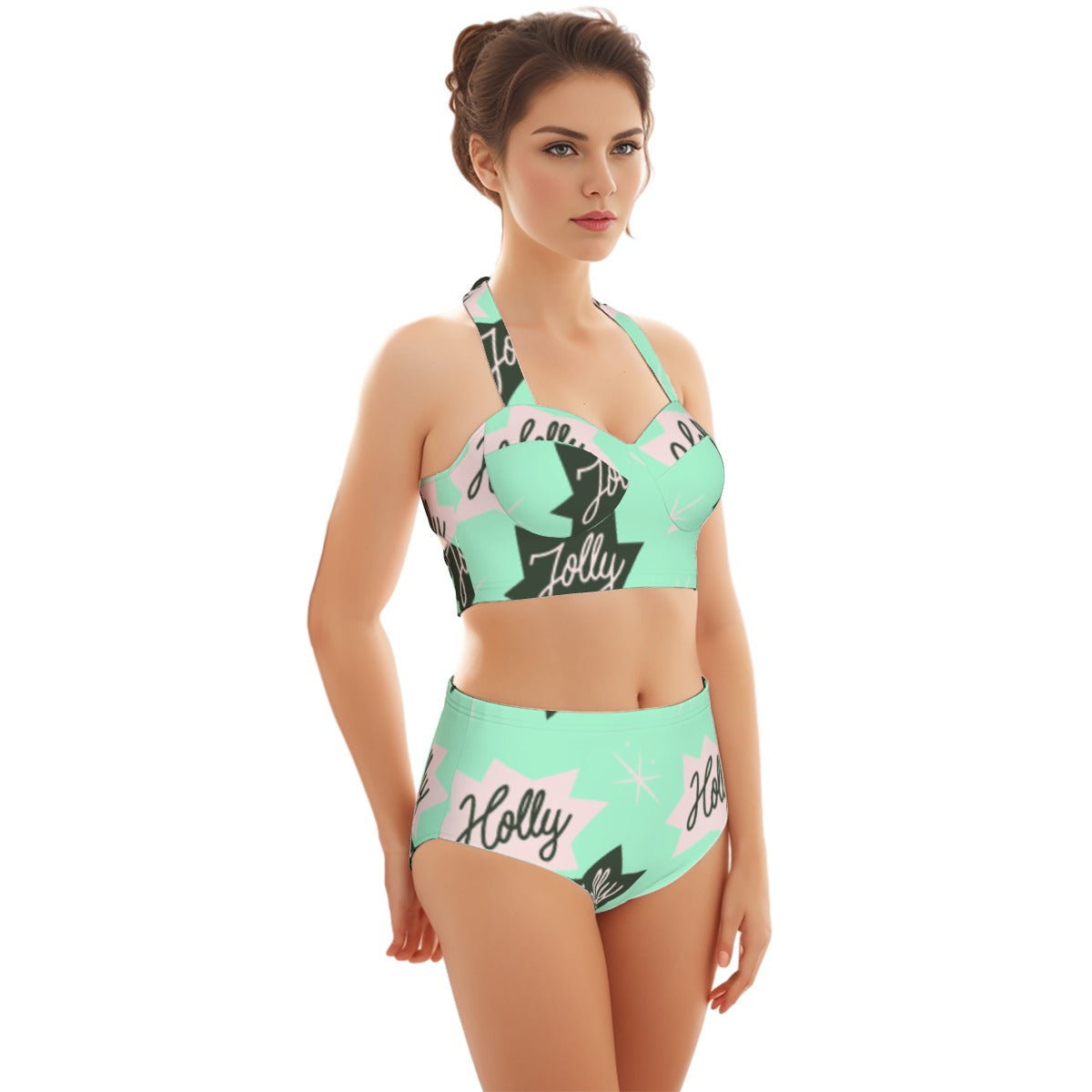 All-Over Print Women's Swimsuit Set With Halter