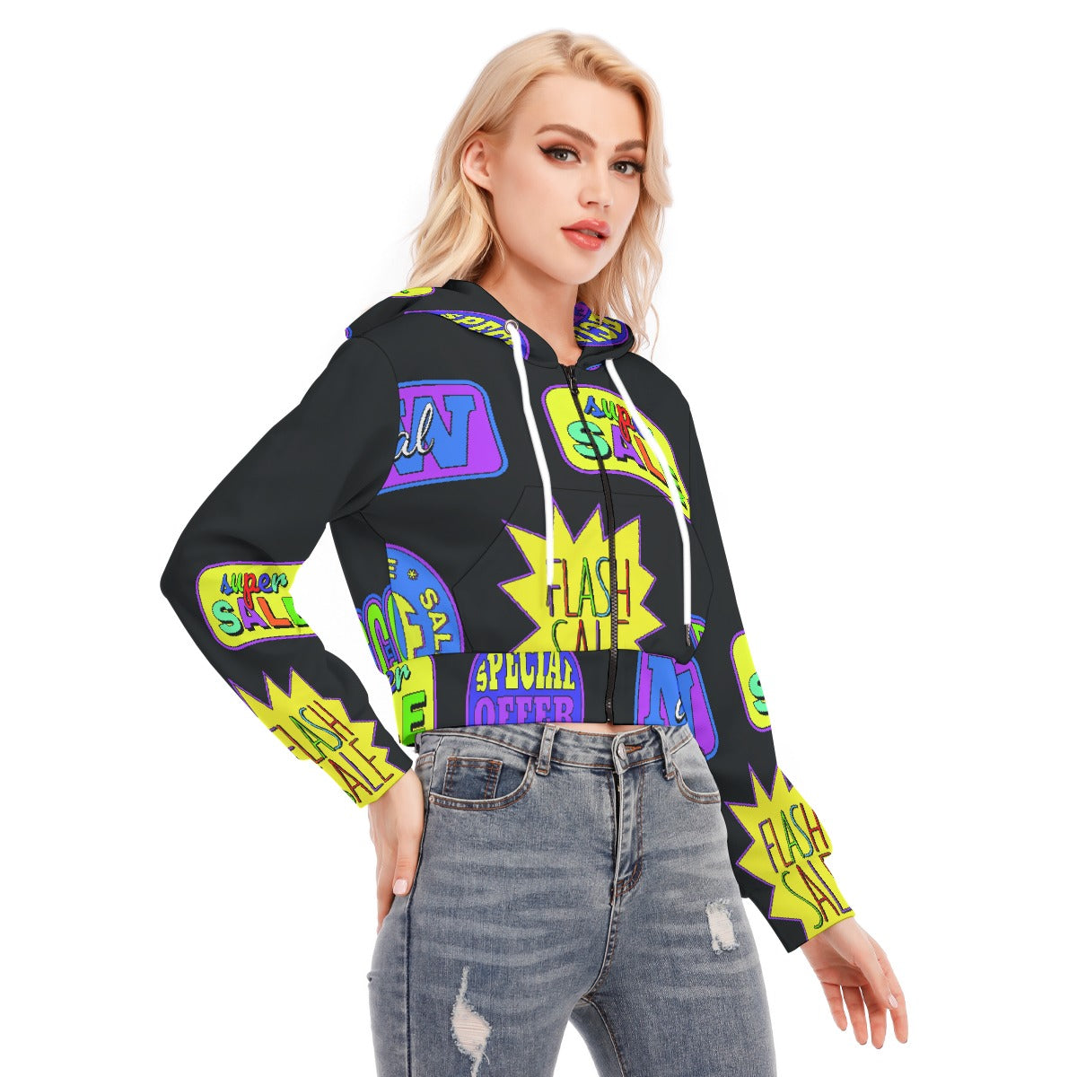 All-Over Print Women's Crop Top Hoodie With Zipper Closure