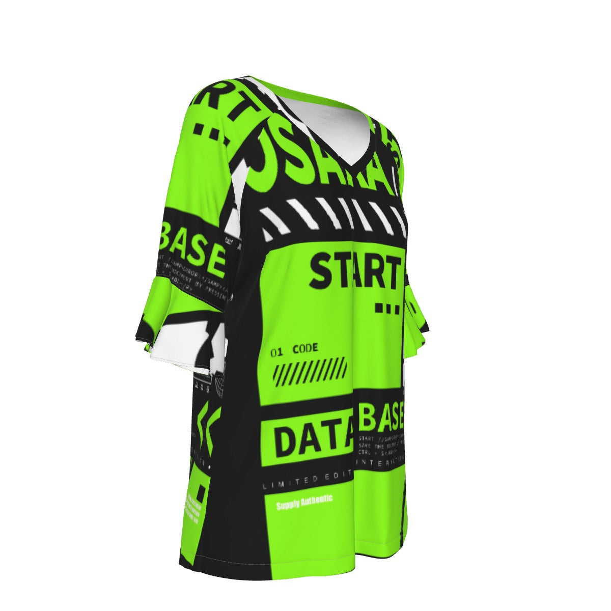 All-Over Print V-neck Women's T-shirt With Bell Sleeve