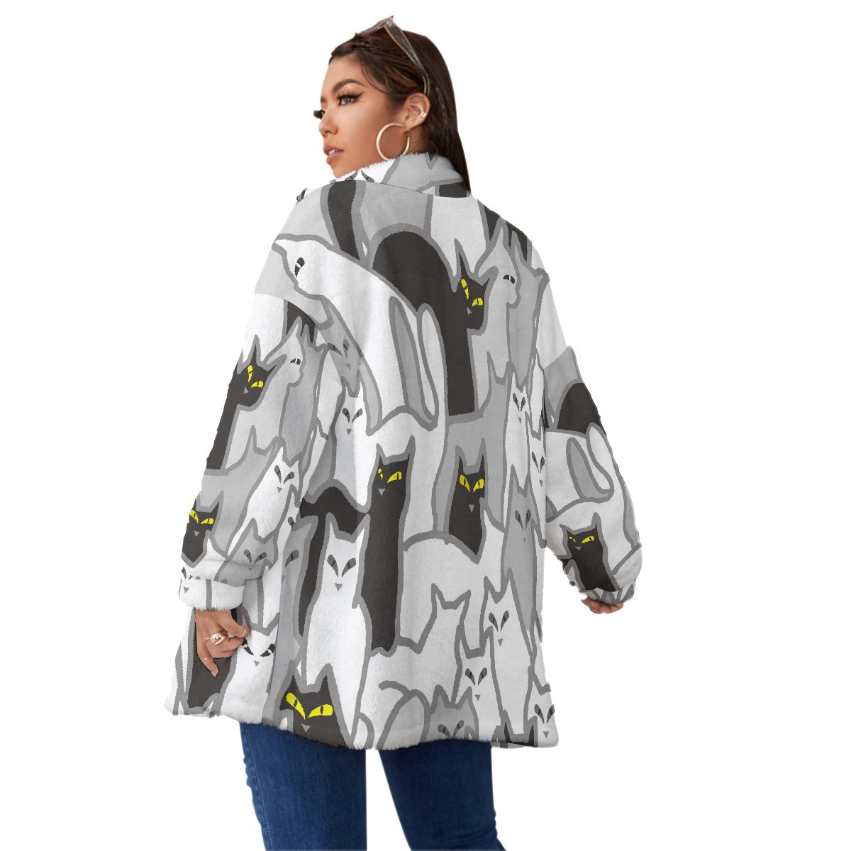 All-Over Print Unisex Borg Fleece Stand-up Collar Coat With Zipper Closure(Plus Size)