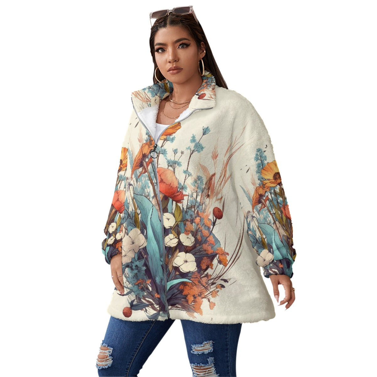 All-Over Print Unisex Borg Fleece Stand-up Collar Coat With Zipper Closure(Plus Size)