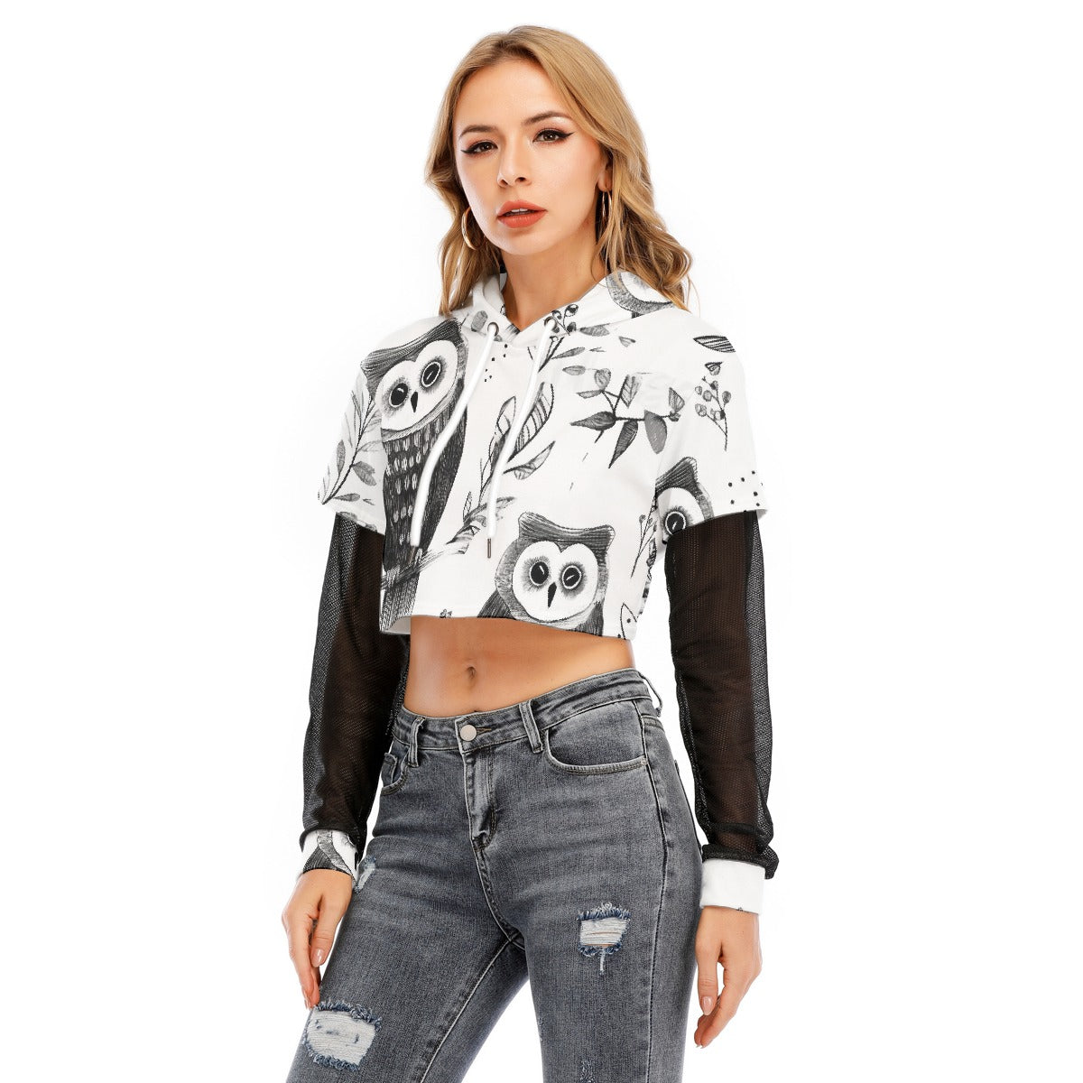 All-Over Print Women's Fake Two-piece Mesh Sleeve Cropped Hoodie