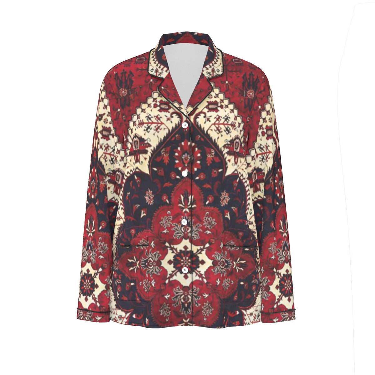 All-Over Print Women's Long Sleeve Pajama Set With Black Contrast Piping