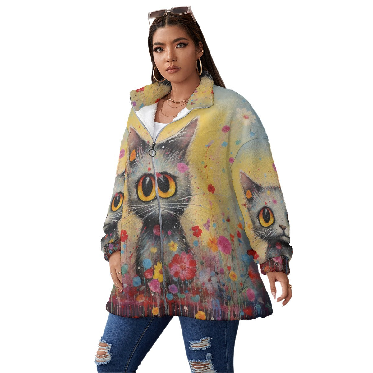 All-Over Print Unisex Borg Fleece Stand-up Collar Coat With Zipper Closure(Plus Size)