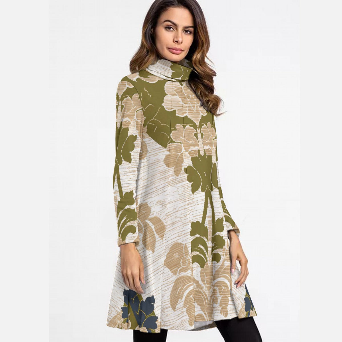 All-Over Print Women's High Neck Dress With Long Sleeve