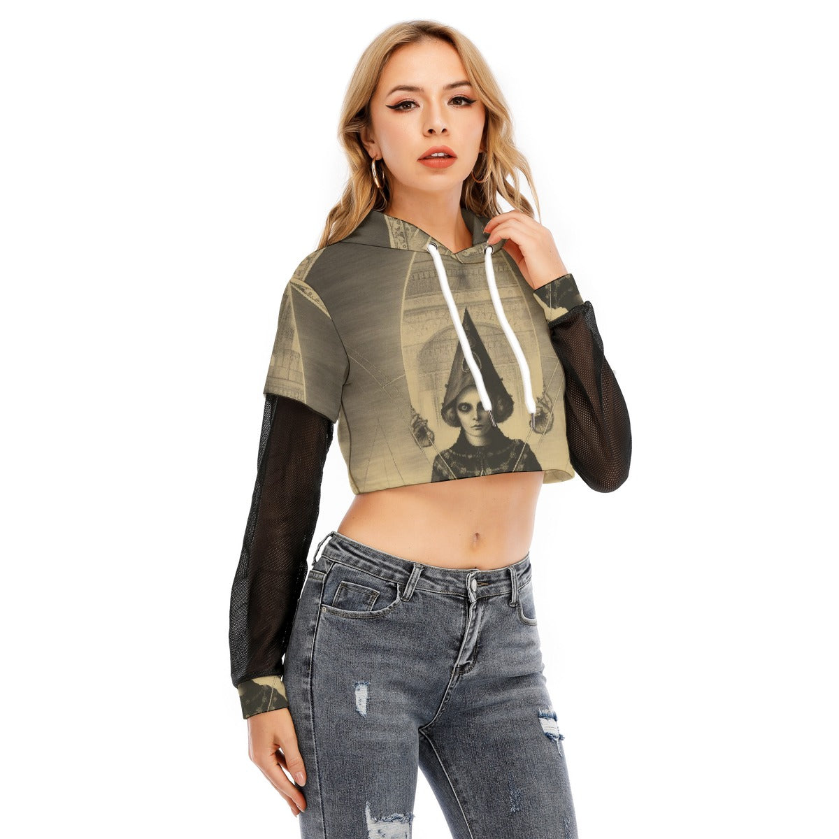 All-Over Print Women's Fake Two-piece Mesh Sleeve Cropped Hoodie