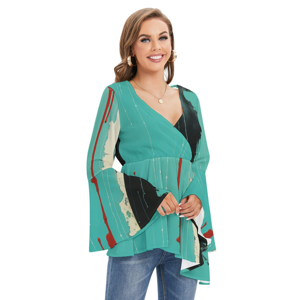 All-Over Print Women's V-neck Blouse With Flared Sleeves