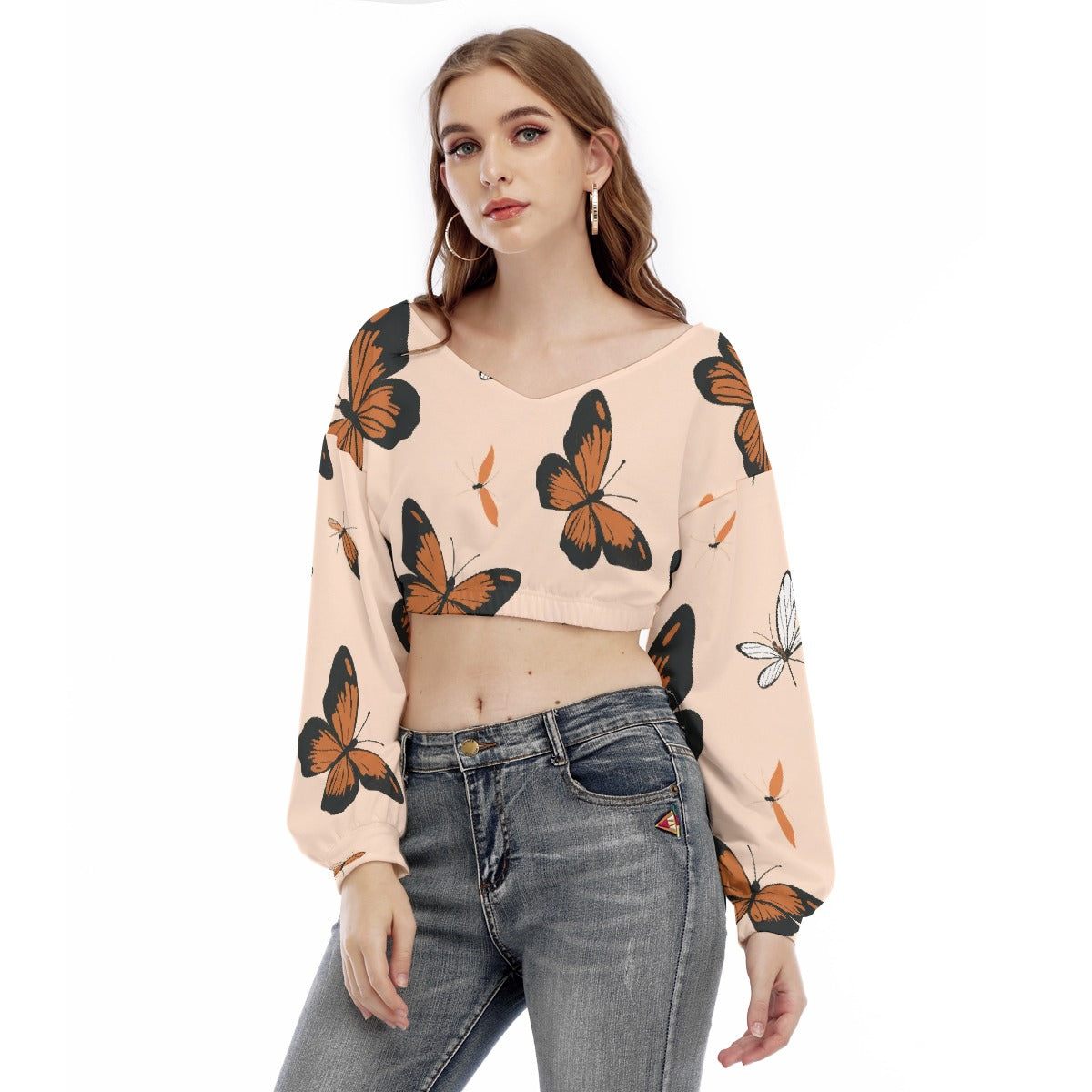 All-Over Print Women's V-neck Long Sleeve Cropped Sweatshirt