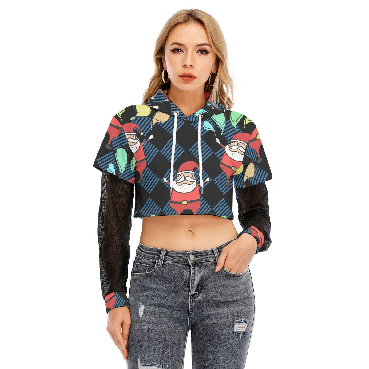 All-Over Print Women's Fake Two-piece Mesh Sleeve Cropped Hoodie
