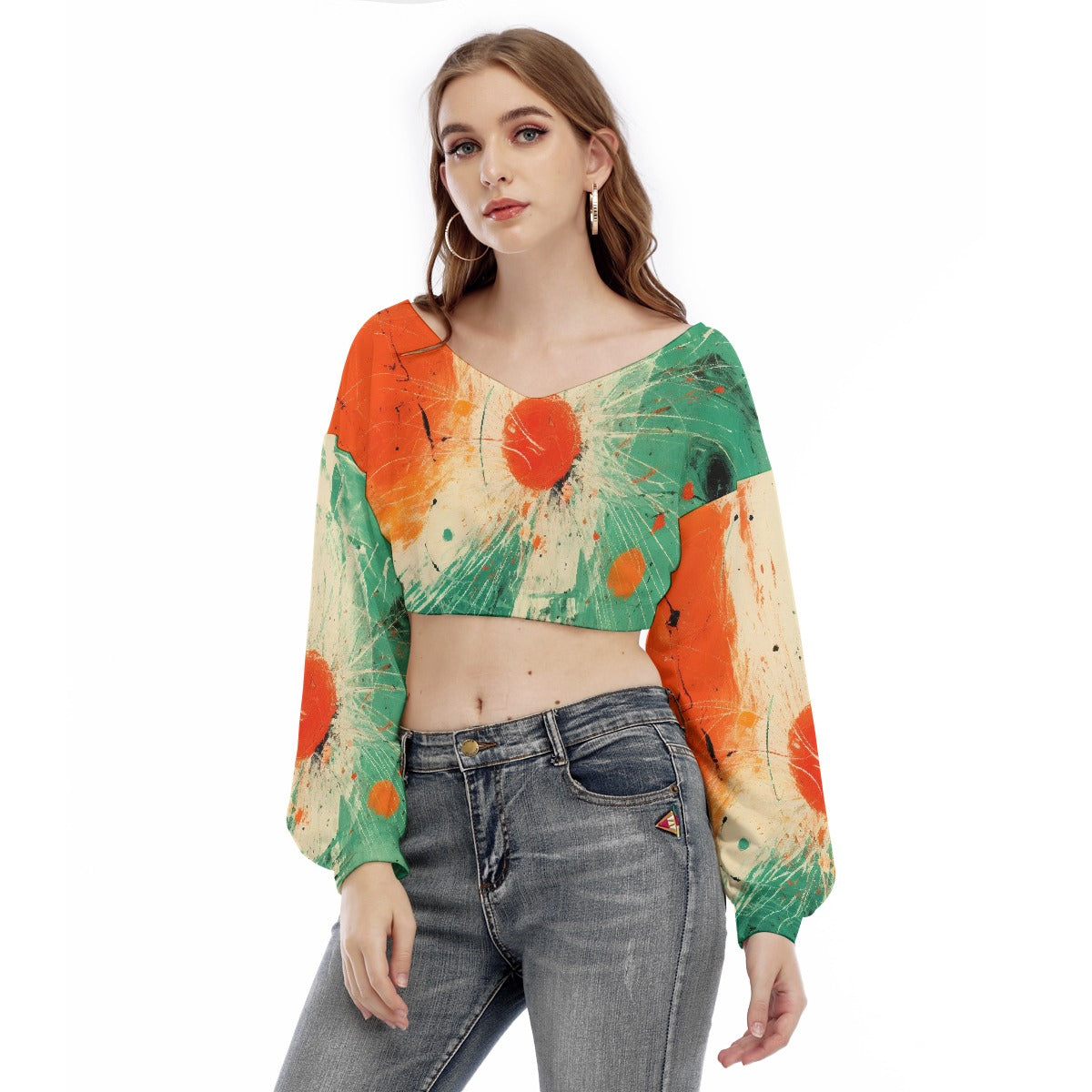 All-Over Print Women's V-neck Long Sleeve Cropped Sweatshirt