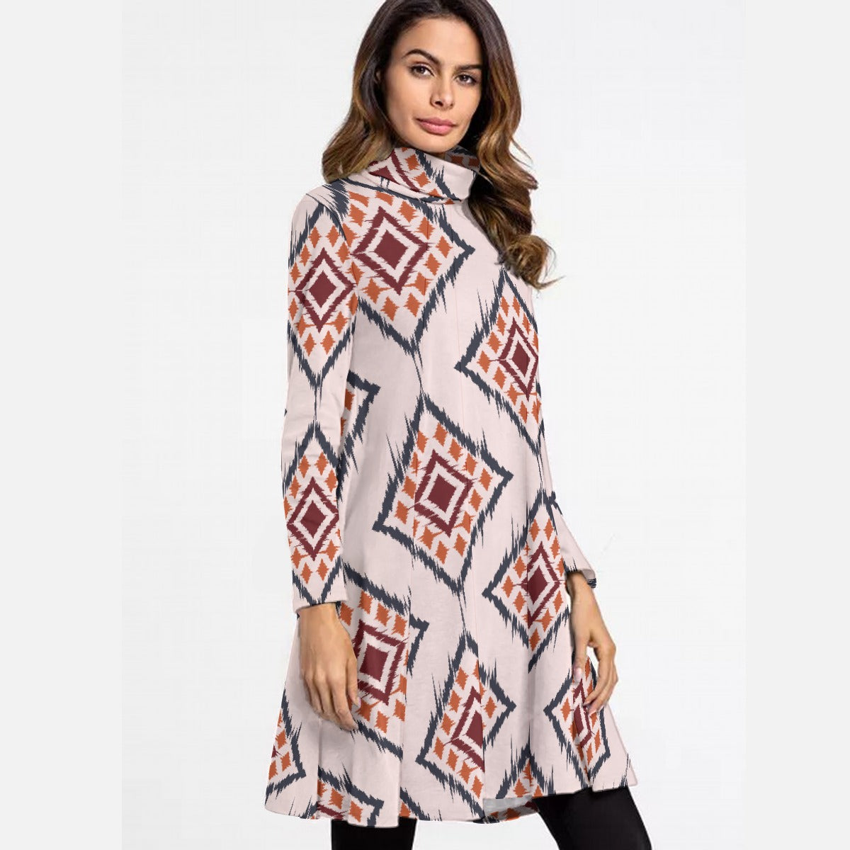All-Over Print Women's High Neck Dress With Long Sleeve