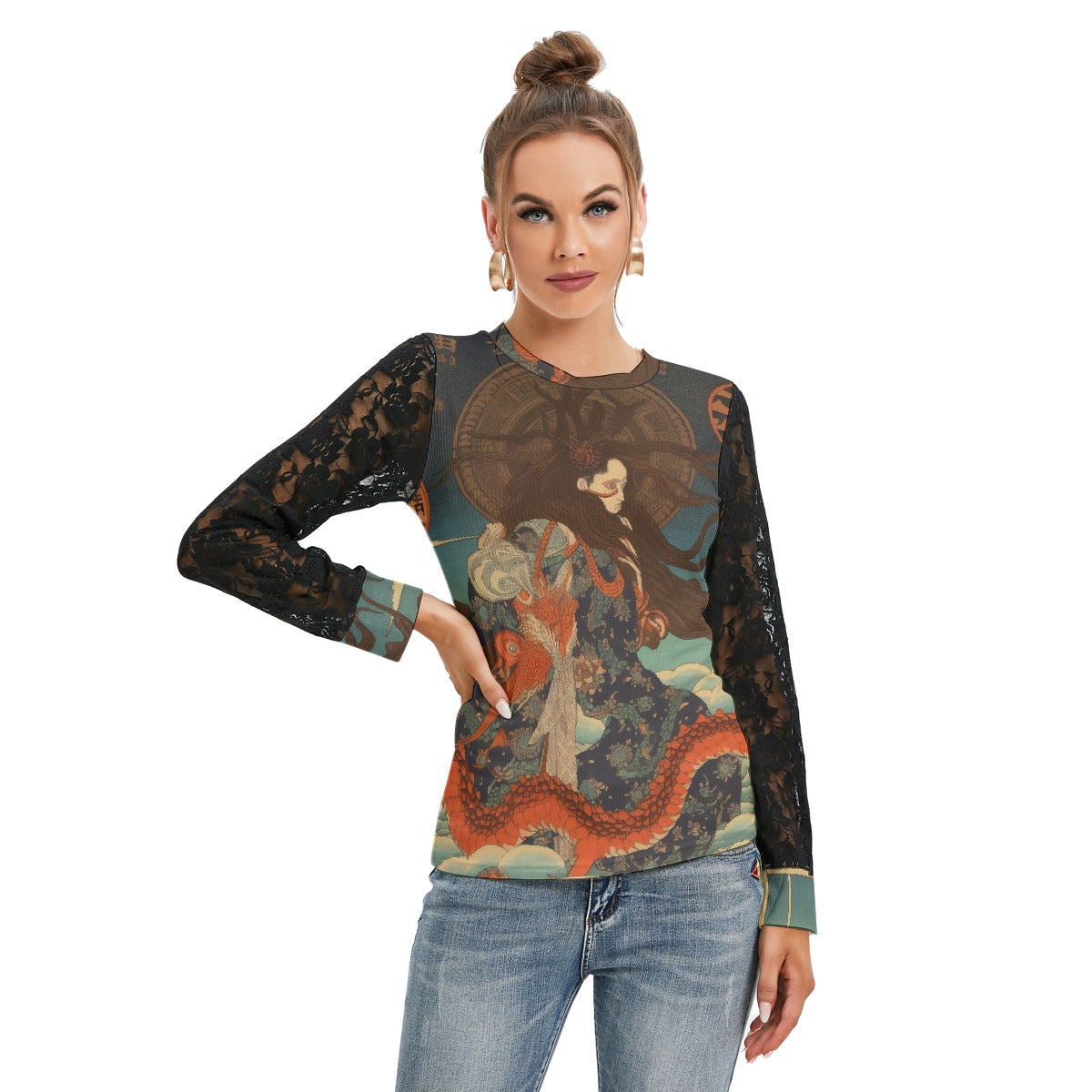 All-Over Print Women's T-shirt And Sleeve With Black Lace