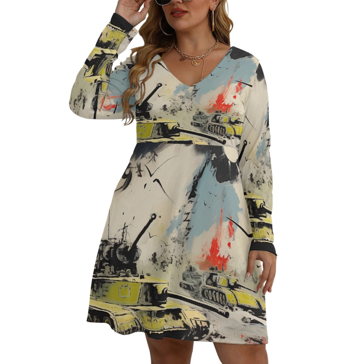 All-Over Print Women's V-neck Long Sleeve Dress(Plus Size)