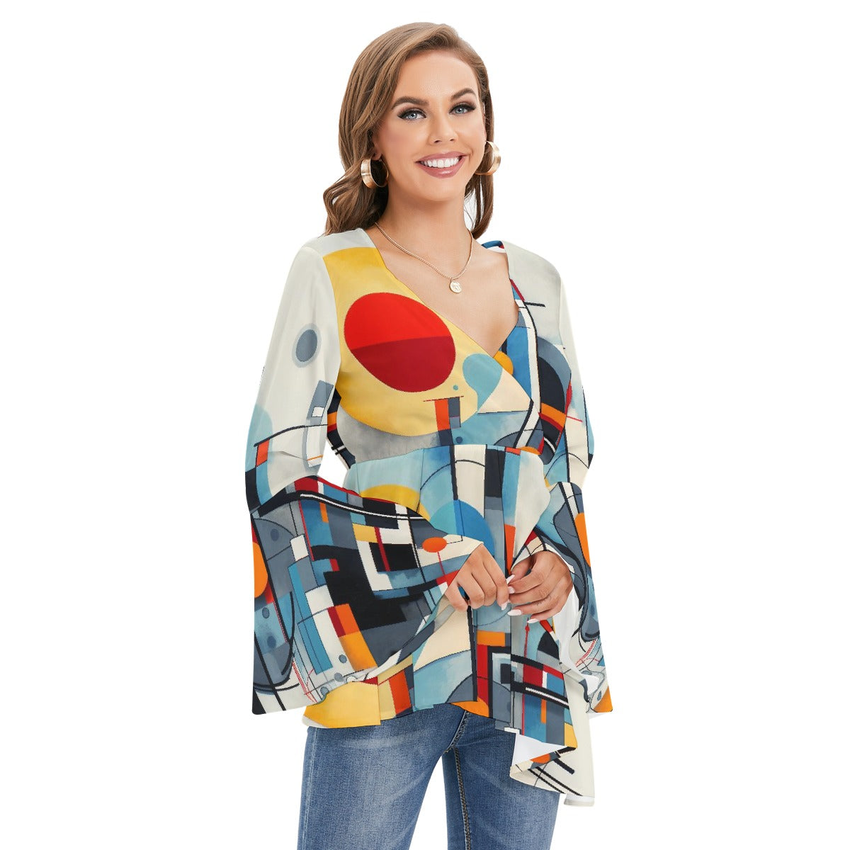 All-Over Print Women's V-neck Blouse With Flared Sleeves