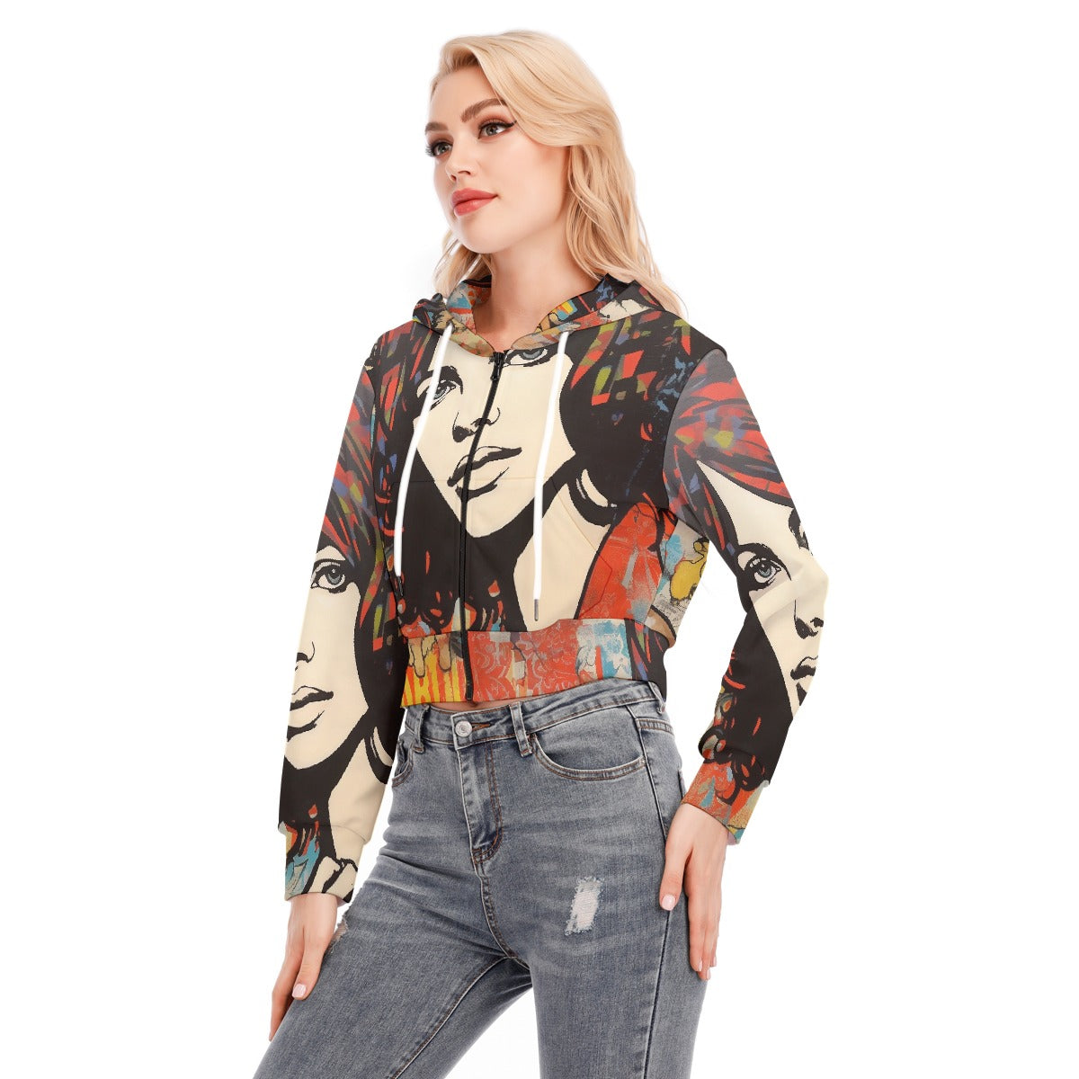 All-Over Print Women's Crop Top Hoodie With Zipper Closure