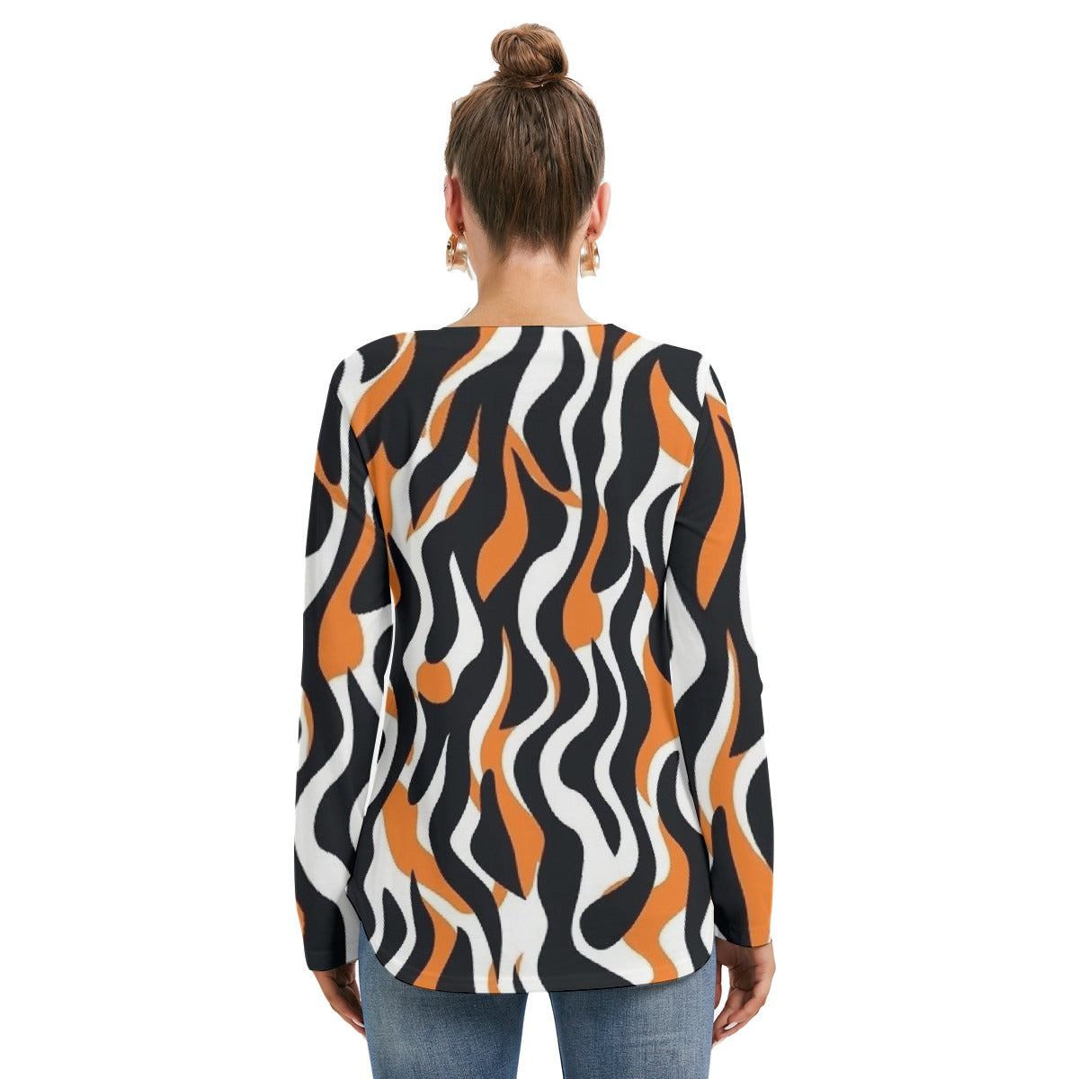 All-Over Print Women's Long Sleeve Neckline Tie Sweatshirt