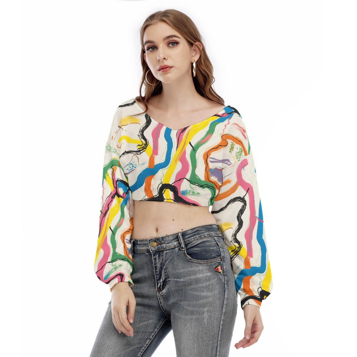 All-Over Print Women's V-neck Long Sleeve Cropped Sweatshirt