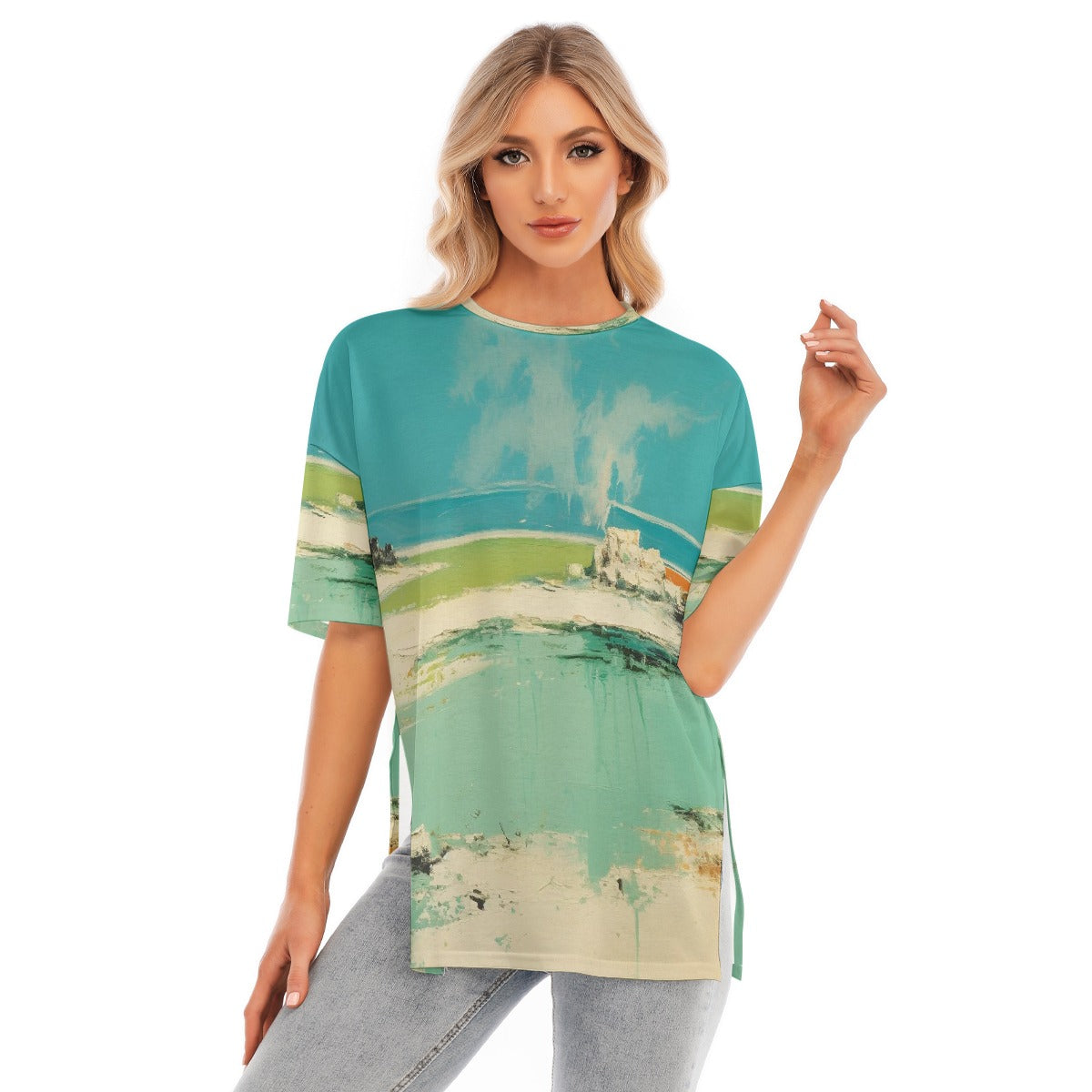 All-Over Print Women's Short Sleeves T-shirt With Hem Split