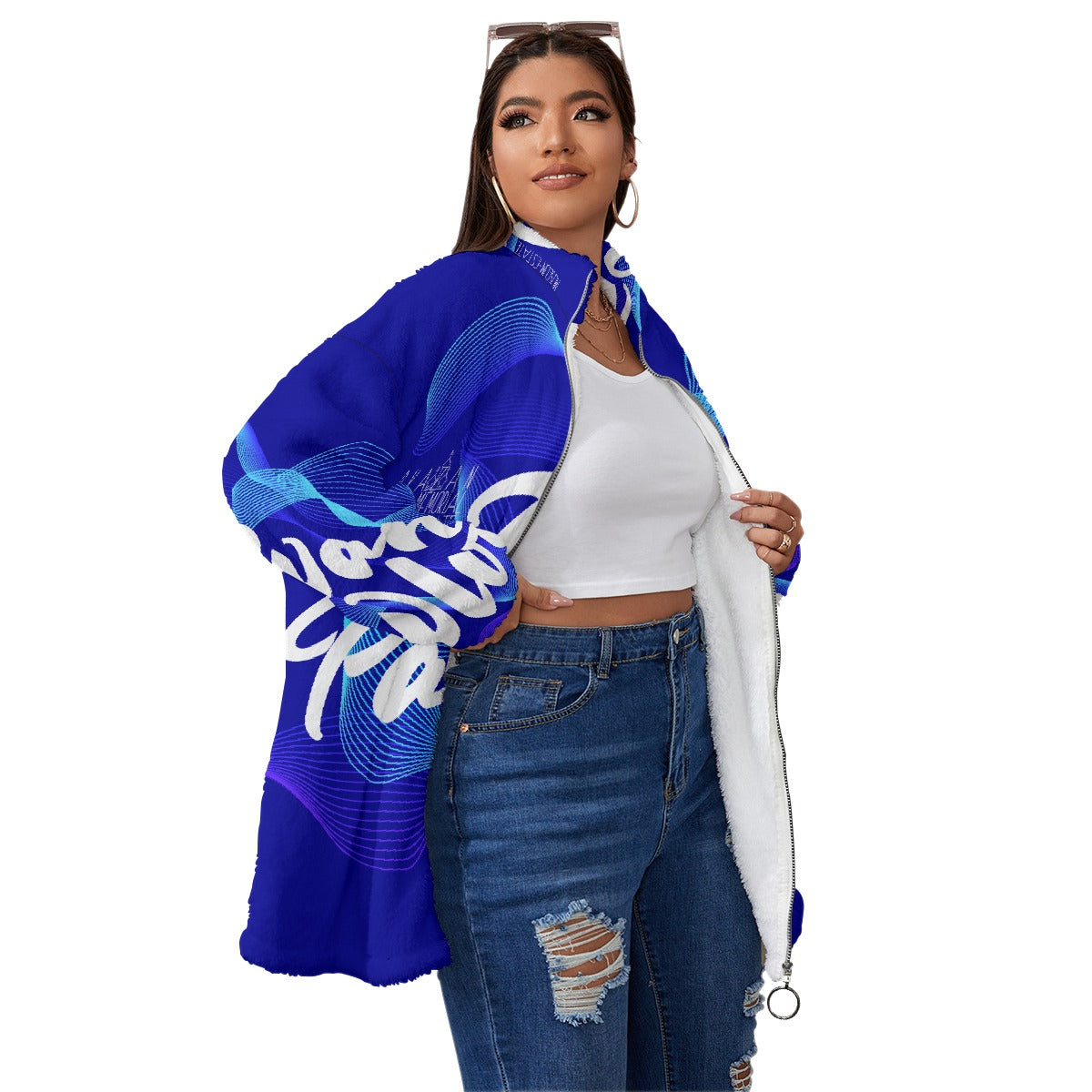 All-Over Print Unisex Borg Fleece Stand-up Collar Coat With Zipper Closure(Plus Size)