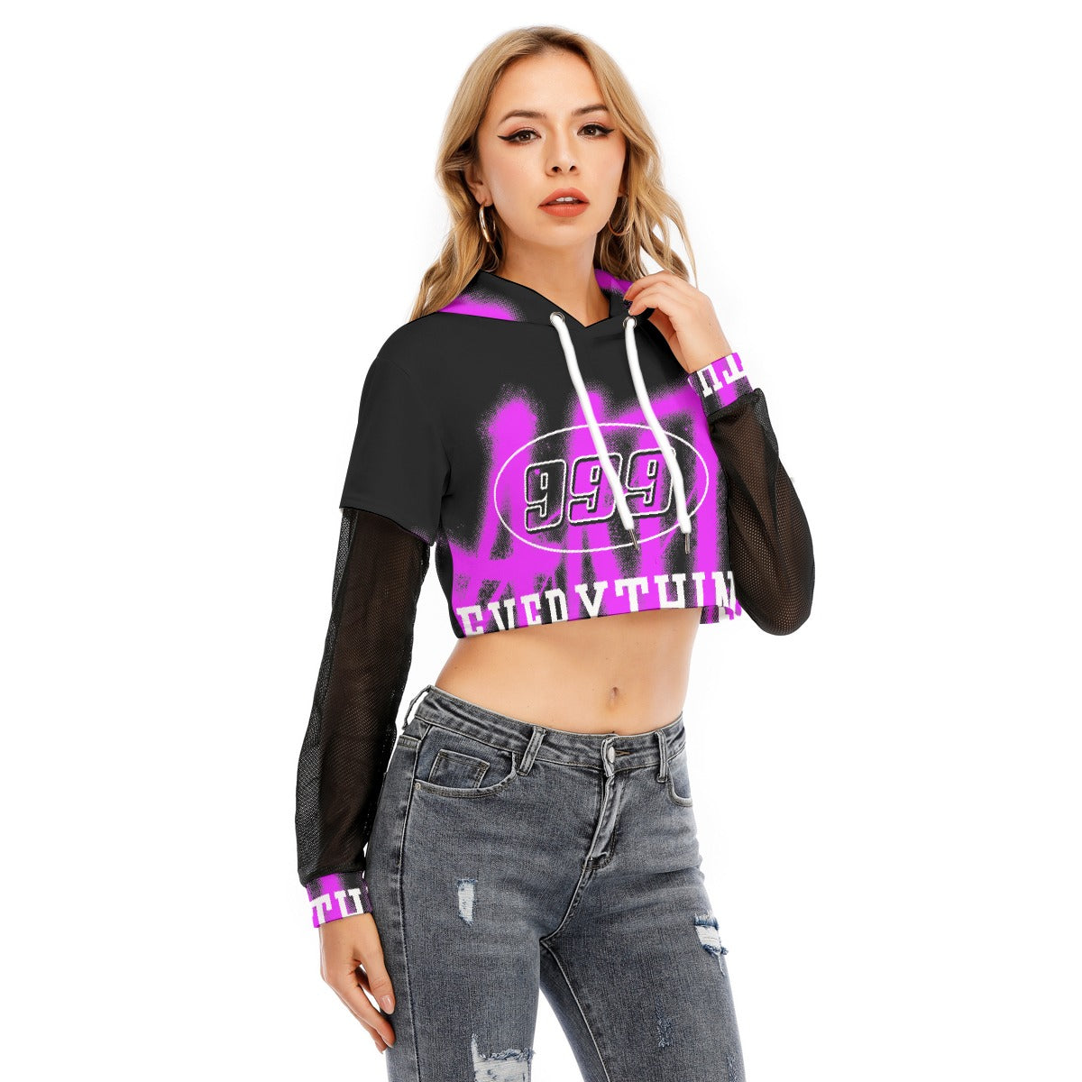 All-Over Print Women's Fake Two-piece Mesh Sleeve Cropped Hoodie