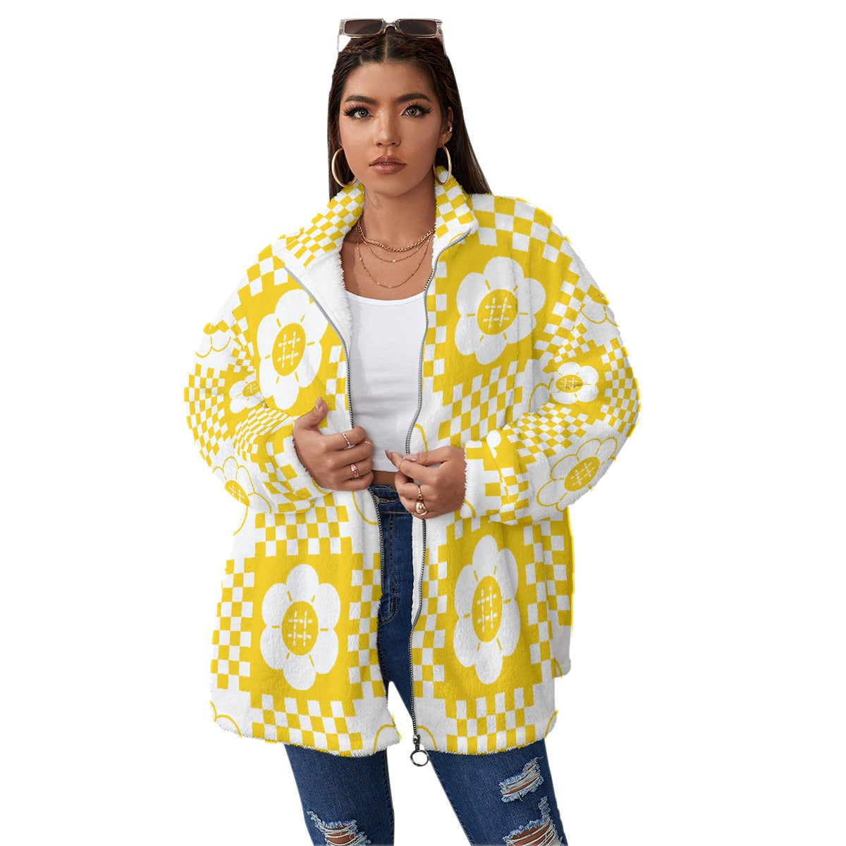 All-Over Print Unisex Borg Fleece Stand-up Collar Coat With Zipper Closure(Plus Size)