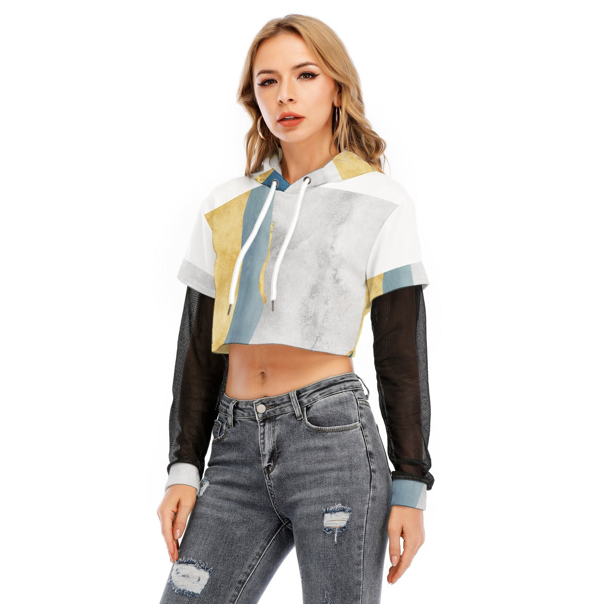 All-Over Print Women's Fake Two-piece Mesh Sleeve Cropped Hoodie