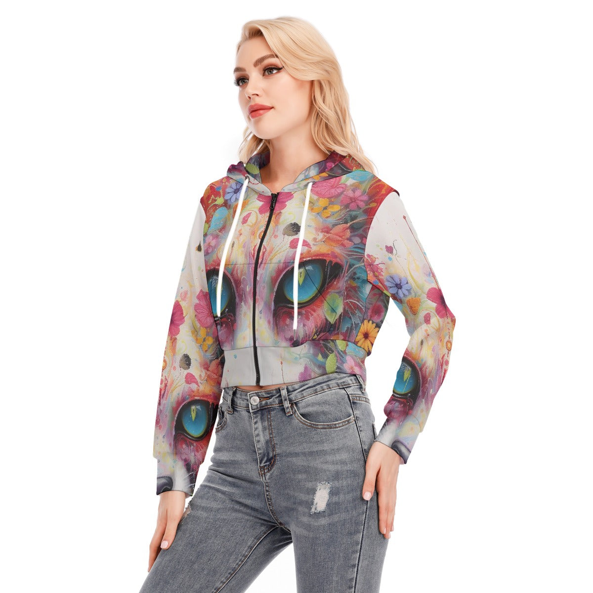 All-Over Print Women's Crop Top Hoodie With Zipper Closure