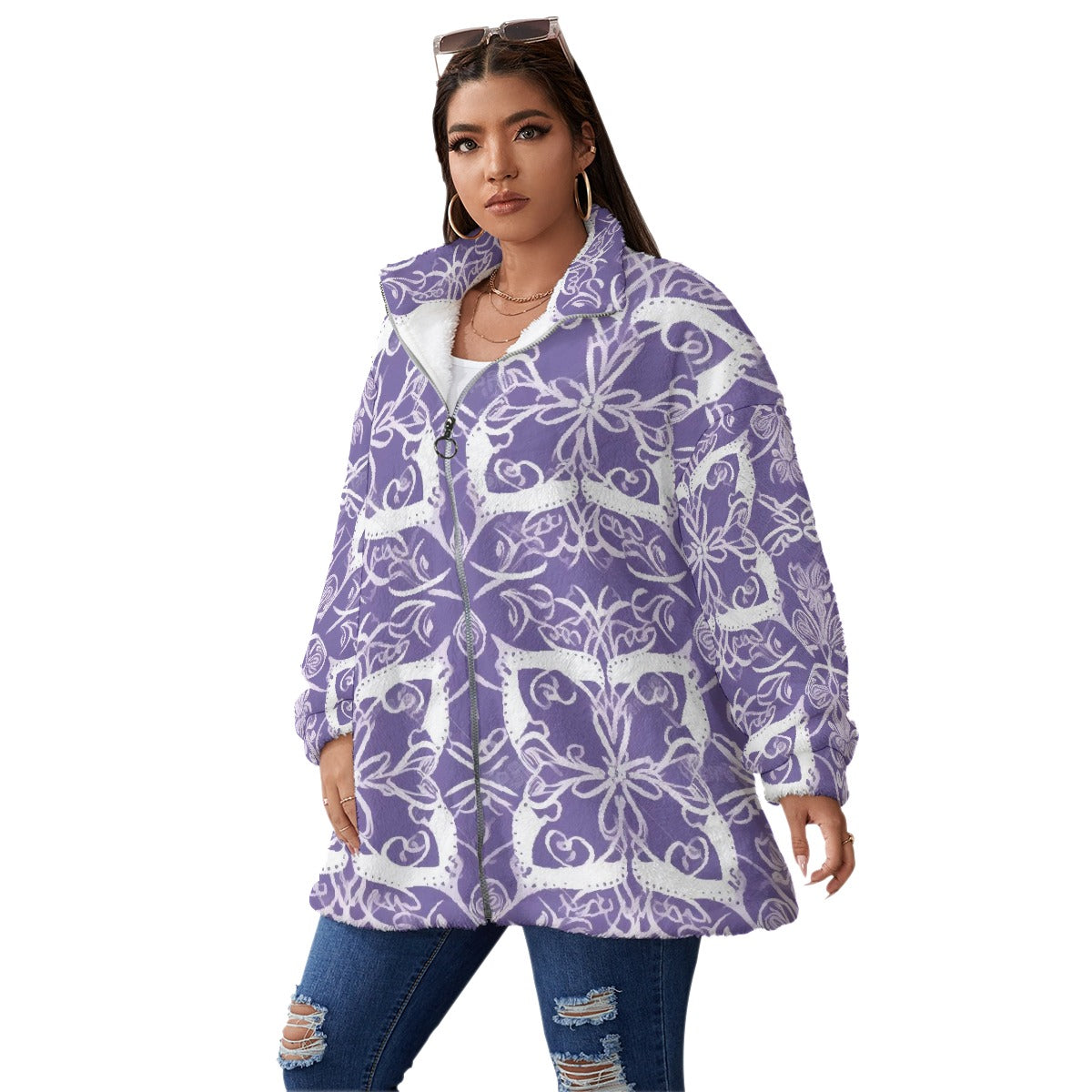 All-Over Print Unisex Borg Fleece Stand-up Collar Coat With Zipper Closure(Plus Size)