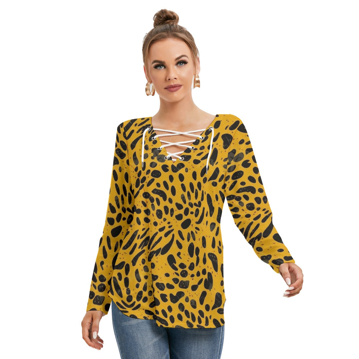 All-Over Print Women's Long Sleeve Neckline Tie Sweatshirt