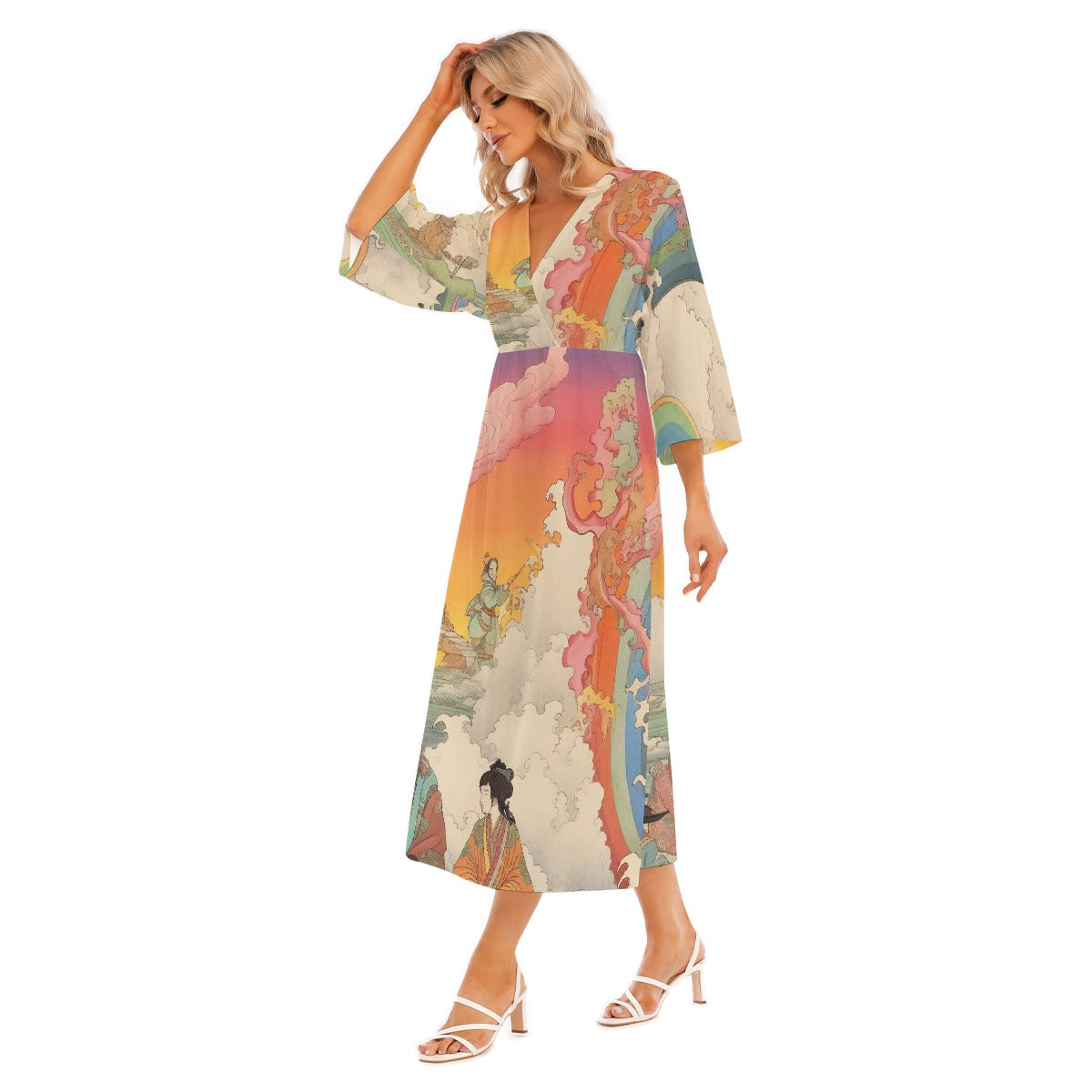 All-Over Print Women's Mid-Sleeve Long Dress